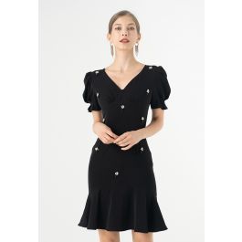 Crystal Embellished Frilling Dress in Black | Chicwish