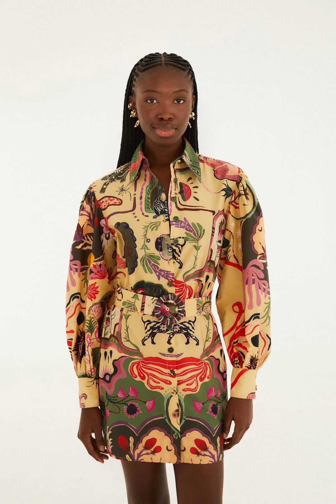 Beige Artsy Surreal Land Beaded Belt Organic Cotton Mini Dress | FARM Rio | FarmRio (US)