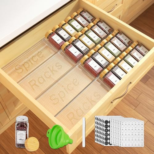 24 Spice Jars with Spice Drawer Organizer, 355 Spice Labels, 4 Pack Expandable From 11'' to 21'' Acrylic Spice Rack for Drawer, Seasoning Containers Storage Organization for Kitchen Cabinet Countertop | Amazon (US)