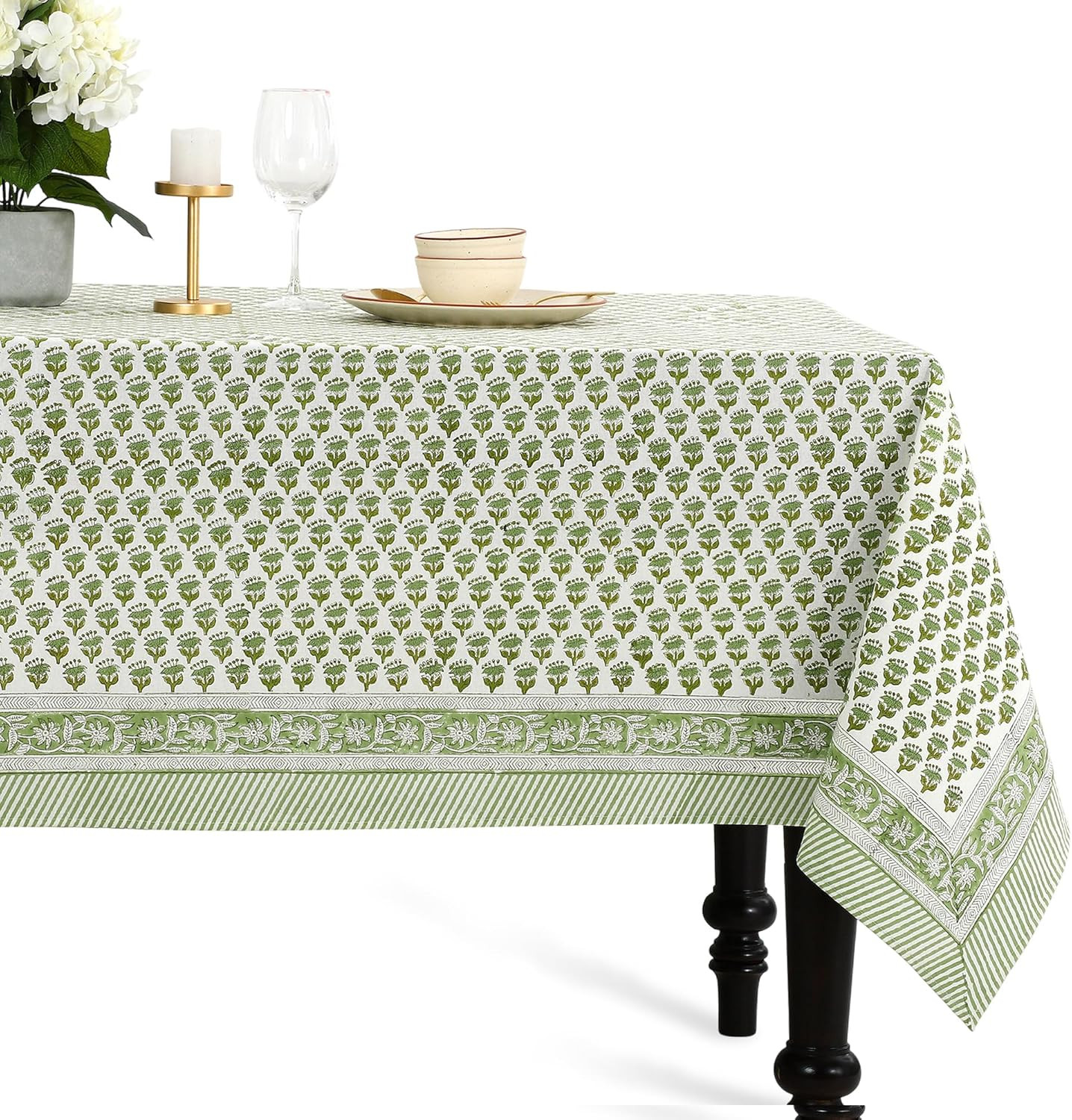 CPC Tablecloth 100% Cotton 72x140 Inch Indian Block Print Rectangle Table Cover, Green Table Cloth for Weddings, Spring/Summer, Barbeque - Emerald Green | Amazon (US)