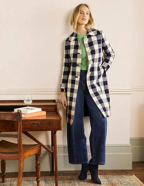 Bonnie Gingham Buttoned Coat - Ivory/Navy Gingham | Boden US | Boden (US)