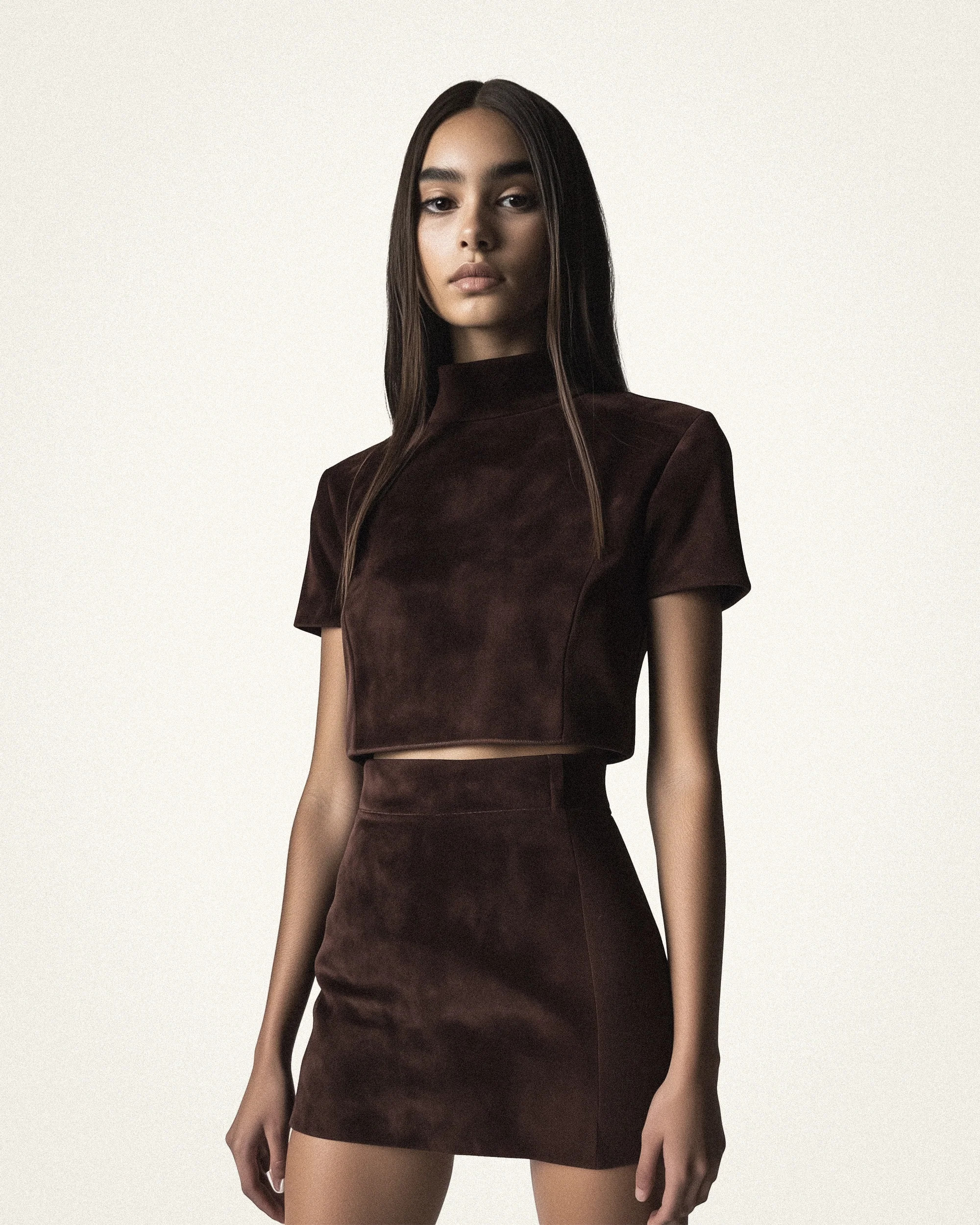 Grace Faux Suede Crop Top and Mini Skirt Set - Chocolate Brown | JW PEI US