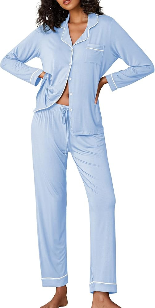 Ekouaer Pajamas Women's Long Sleeve Sleepwear Soft Button Down Loungewear Pjs Lounge Set Nightwea... | Amazon (US)