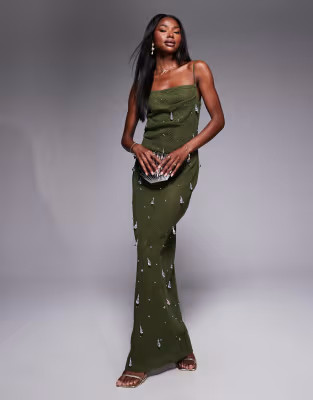 ASOS DESIGN crochet cami midi dress with iridescent droplet sequins in khaki | ASOS | ASOS (Global)