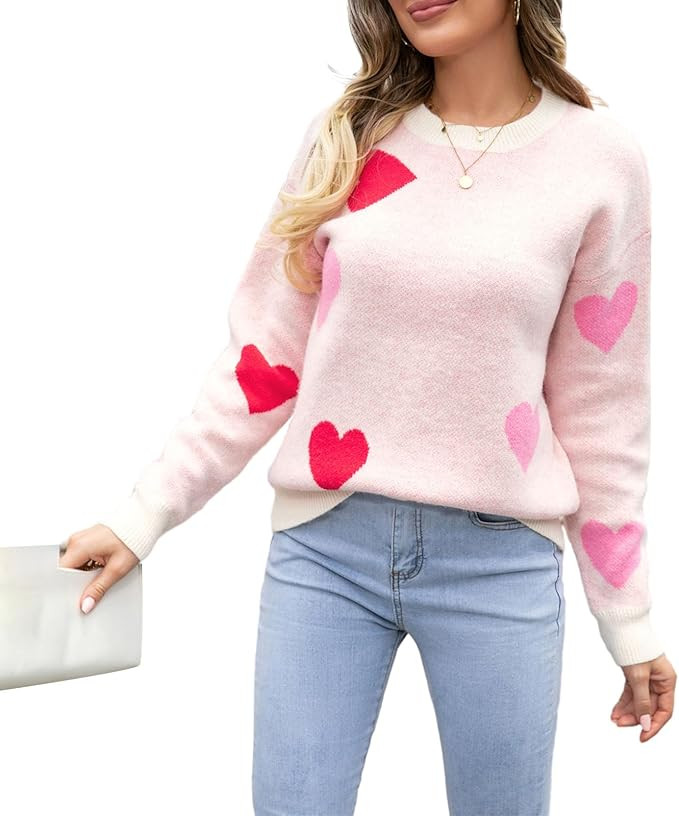 Aopwsrlyi Women's Cute Heart Sweater Casual Loose Long Sleeve Crew Neck Knitted Pullover Sweater | Amazon (US)