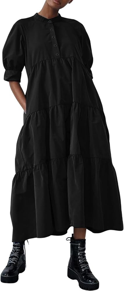 chouyatou Women's Summer Puff Sleeve Maxi Tiered Babydoll Dress Casual A-Line Swing Long Shirt Dr... | Amazon (US)