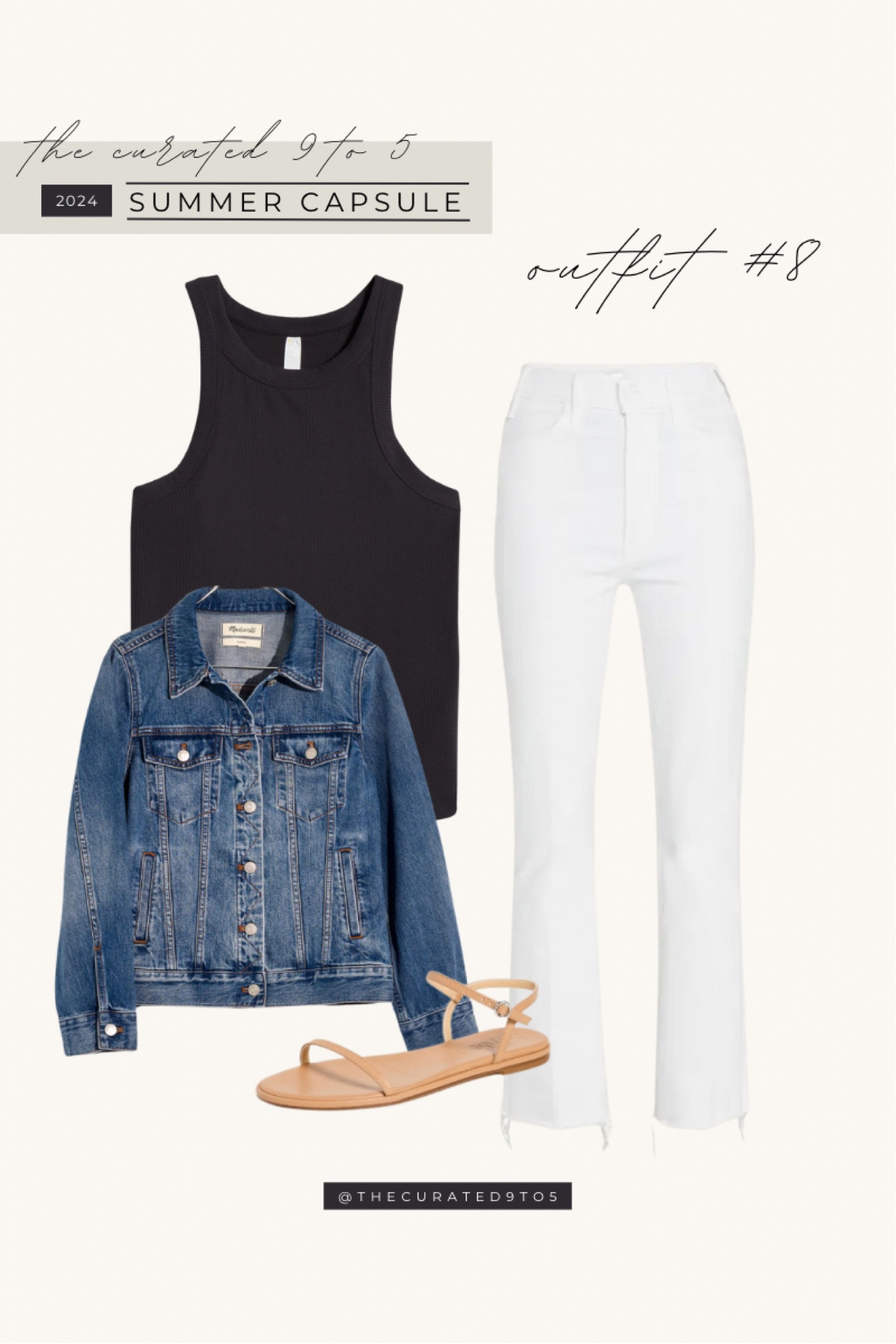 TC9T5 Summer Capsule | Outfit #8

Black tank, sleeveless tank, jean jacket, denim jacket, white denim, white jeans, straight leg denim, leather sandals,  classic style, styled summer outfit, Parisian style, capsule wardrobe, styled outfit, belt bag, rattan bag

#LTKStyleTip #LTKMidsize #LTKSeasonal