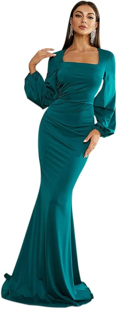 Lin Lin Q Women’s Formal Long Lantern Sleeve Evening Mermaid Maxi Dress, Bodycon Square Neck Fl... | Amazon (US)