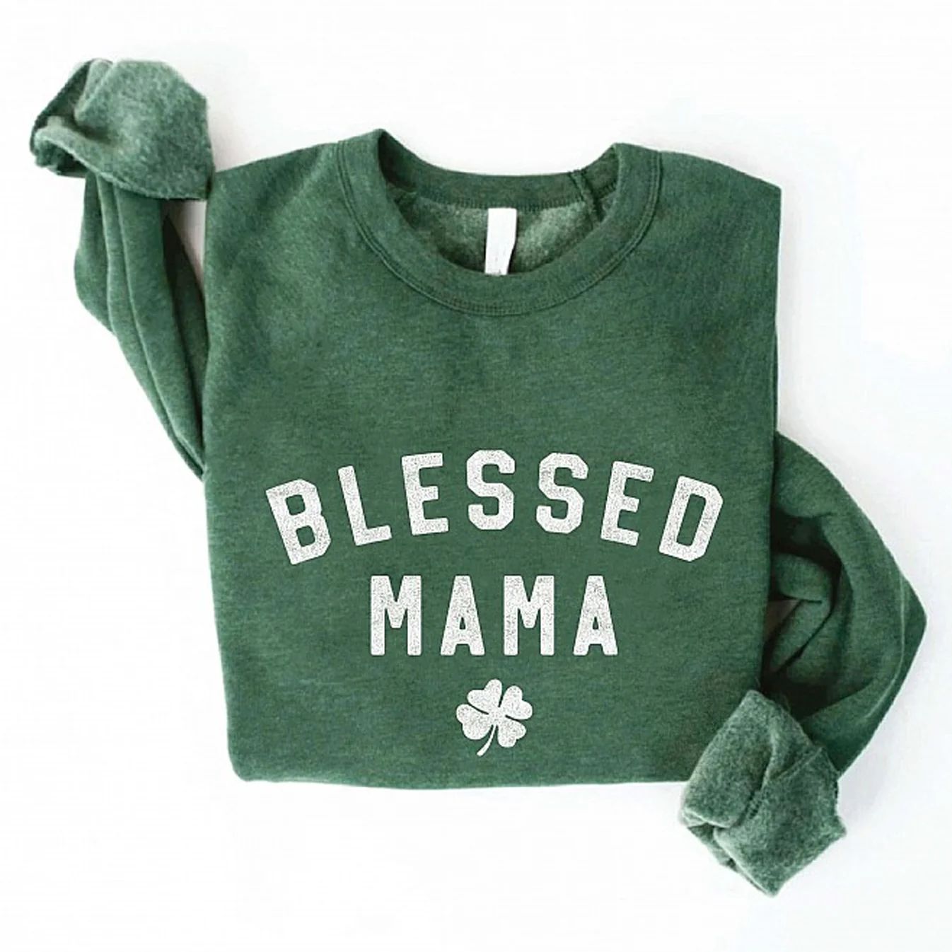Blessed Mama Clover Graphic Fleece Sweatshirt, Heather Forest | SpearmintLOVE
