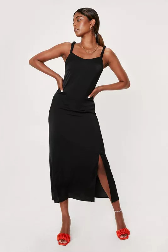 Satin Ruched Strap Split Hem Maxi Dress | NastyGal (UK, IE)