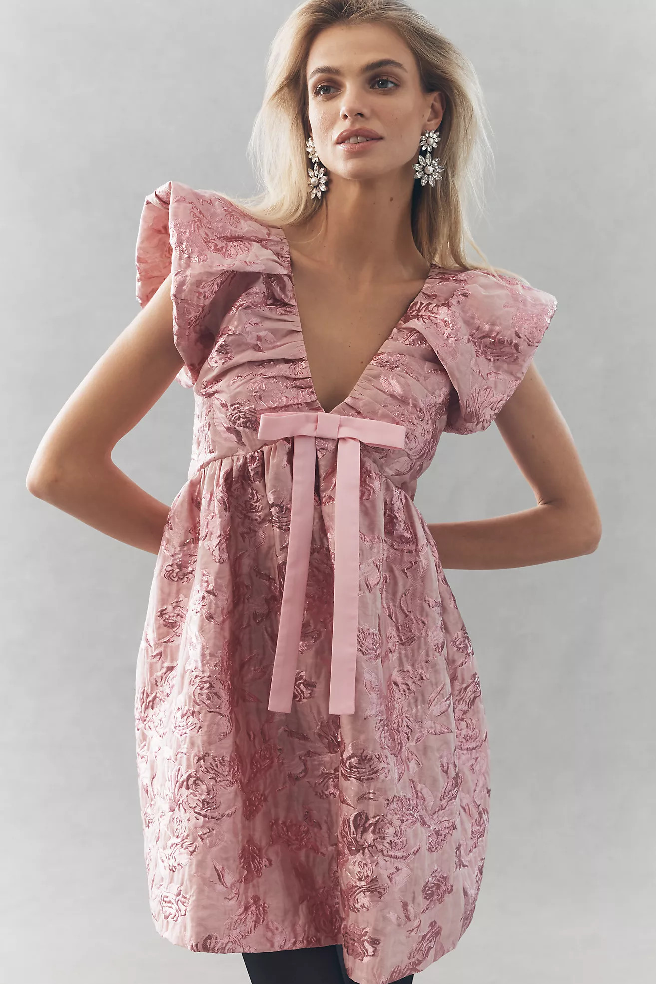 Endless Rose Babydoll Jacquard Bow Mini Dress | Anthropologie (US)