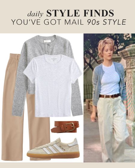 You've Got Mail Meg Ryan 1990s Style - Brought Back by Abercrombie & Fitch and Adidas and Gap - Cardigan, Baby Tee, Khaki Flat Front belted Trousers, and Brown Gold Buckle Belt #megryan #youvegotmail #90sStyle #TanKhakiTrousers #HowtoStyleCardigan #2024StyleTrends #ThrowbackStyle

#LTKover40 #LTKstyletip #LTKsalealert