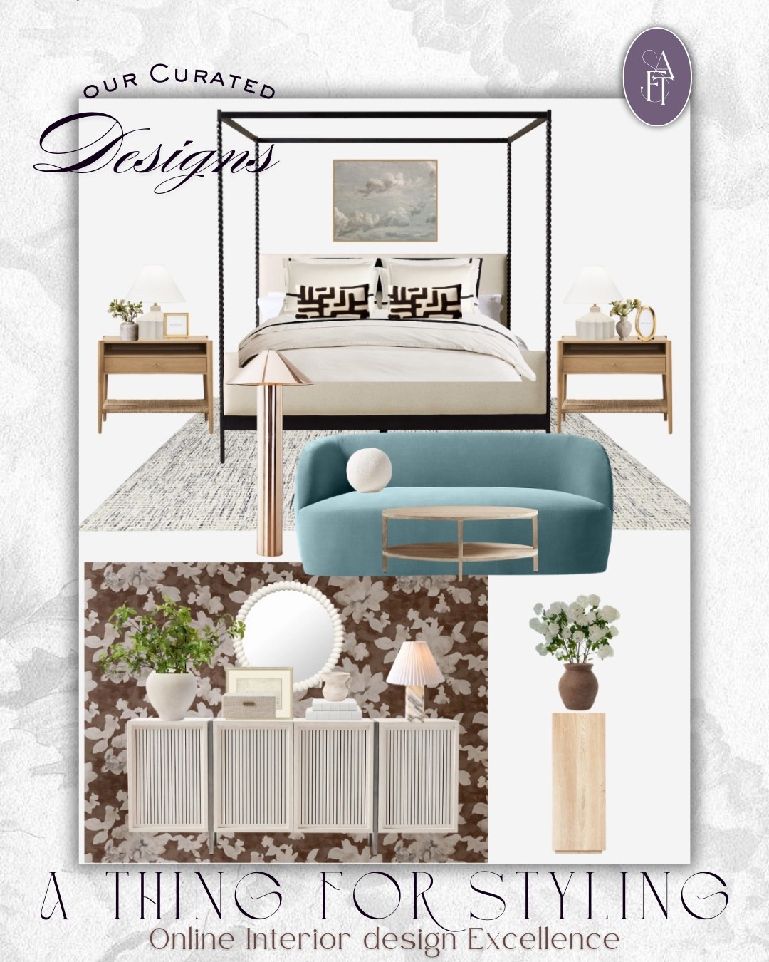 She ends her day here, in a bedroom designed through virtual interior design to feel calm and collected. The canopy bed brings structure and comfort, while soft linens and pillows make it easy to let go of the day.

Before bed, she often stops by the credenza to switch on the lamp, adjust the flowers she picked up earlier that week, or glance at a favorite photo she keeps nearby. It’s her little moment of connection before winding down.

Some nights she sits on the curved teal sofa with a notebook or book, enjoying a few quiet minutes for herself. The artwork above her bed reminds her to pause and breathe—a detail carefully chosen through online interior design services to match her lifestyle.

This space is for someone who values peace, order, and beauty without excess. 