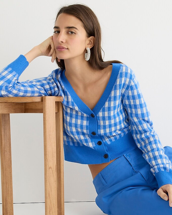 Cashmere cropped V-neck cardigan sweater in gingham | J. Crew US