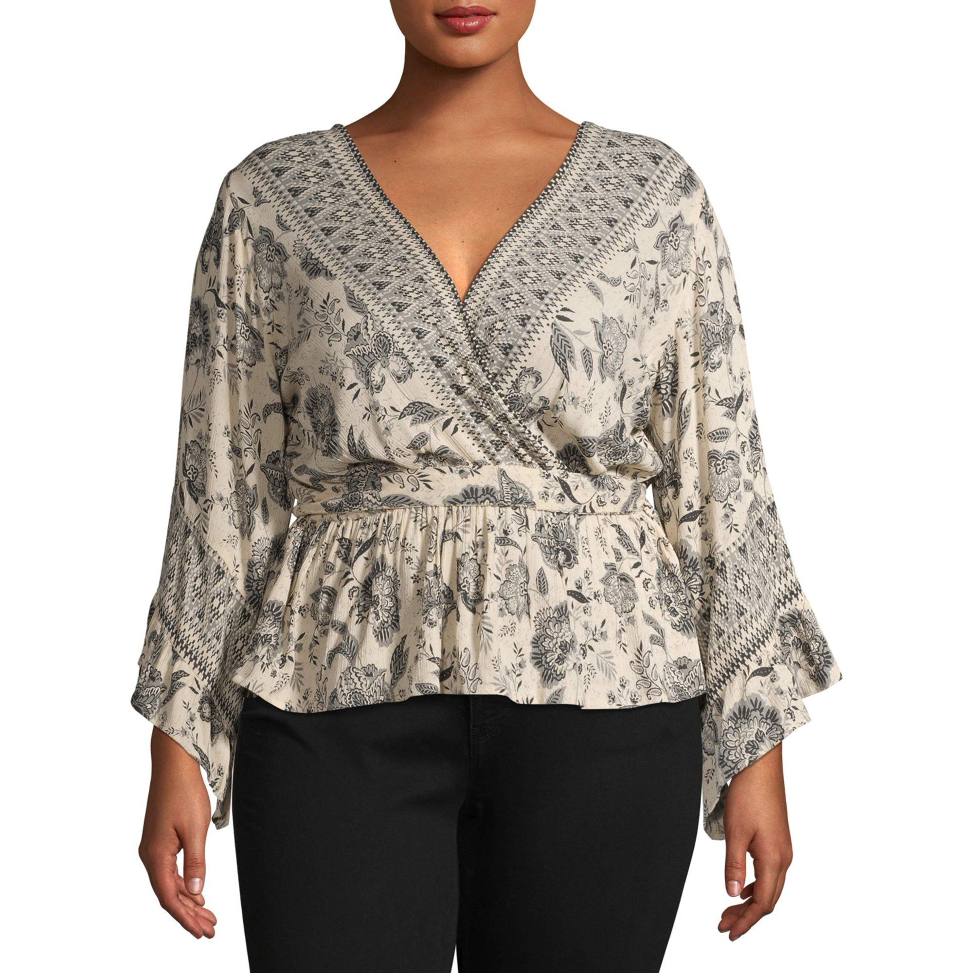 Romantic Gypsy Women's Plus Size Long Sleeve Floral Faux Wrap Top | Walmart (US)