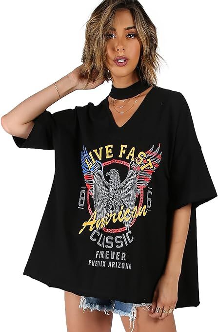 Romwe Women's Casual Oversize Choker V-Neck Drop Shoulder Print Raw Hem Tee Shirt Tops | Amazon (US)
