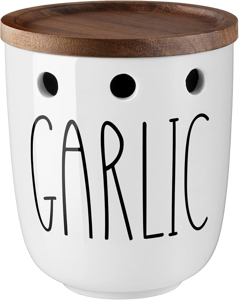 DAYYET Garlic Keeper for Counter, Ceramic Garlic Keeper with Acacia Wood Lid, Garlic Holder Stora... | Amazon (US)