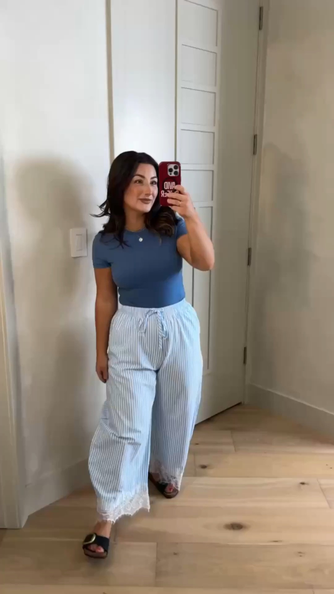 Love this summer outfit! 
Double lined tee and striped pants with lace trim size small 

(5'0" 140lbs) Petite friendly

#LTKootd #LTKSaleAlert #LTKPetite