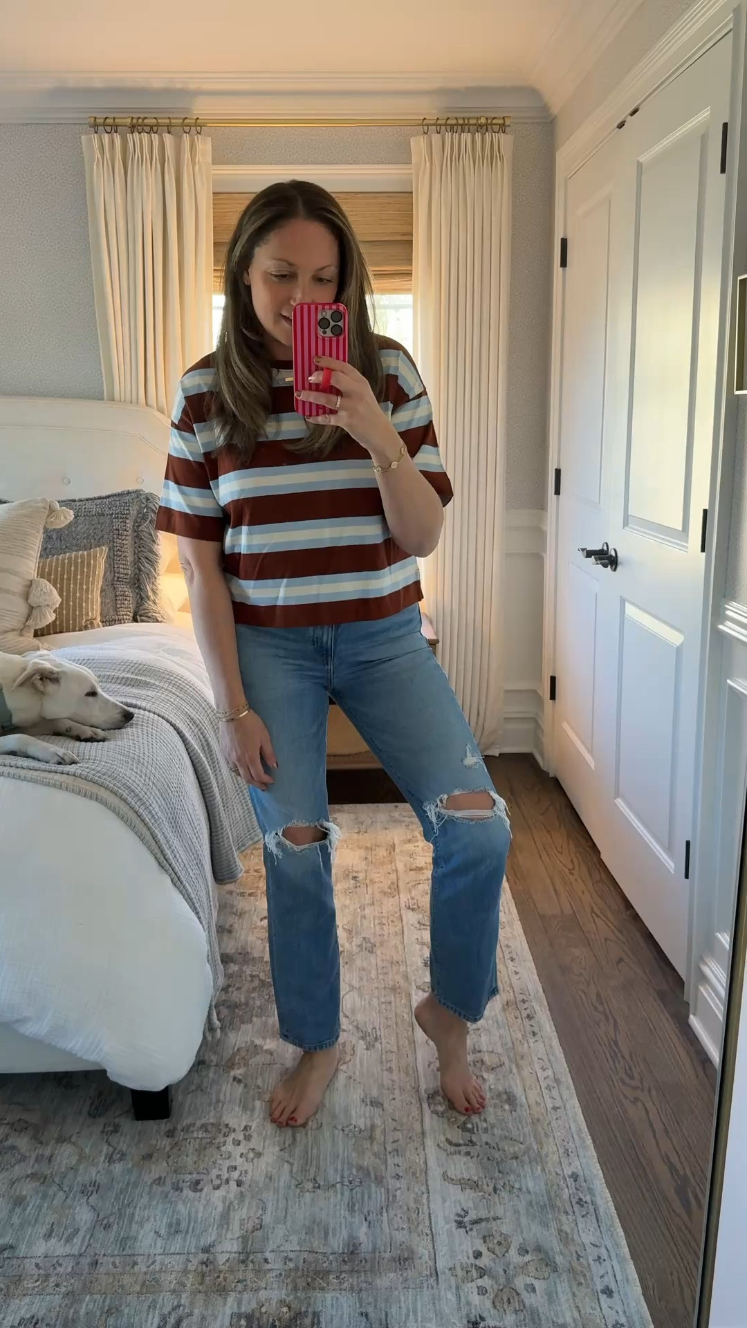 My favorite pair of spring jeans and this striped t-shirt is such a good (and affordable!) find!!. All run true to size. 

#LTKootd #LTKdayinmylife #LTKSeasonal