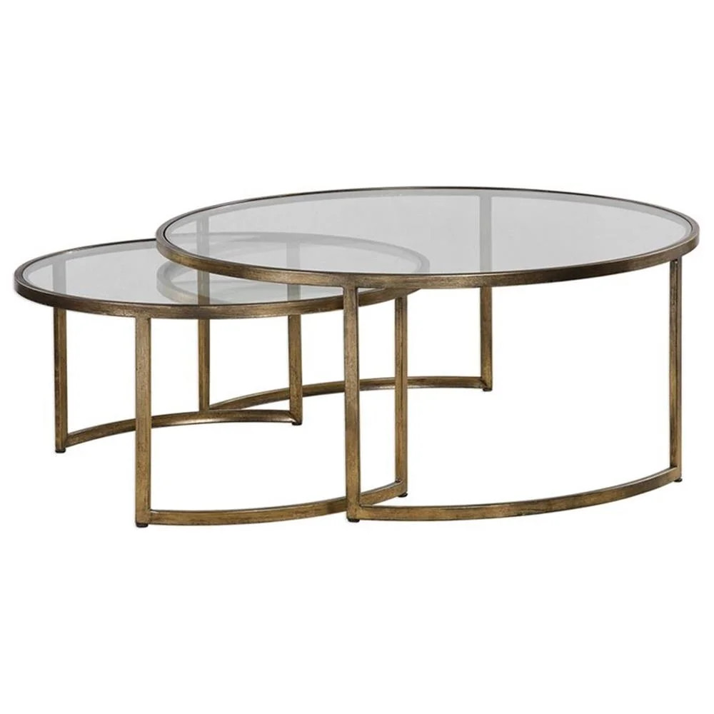 Bowery Hill Transitional 2 Piece Glass Top Nesting Coffee Table Set in Gold | Walmart (US)