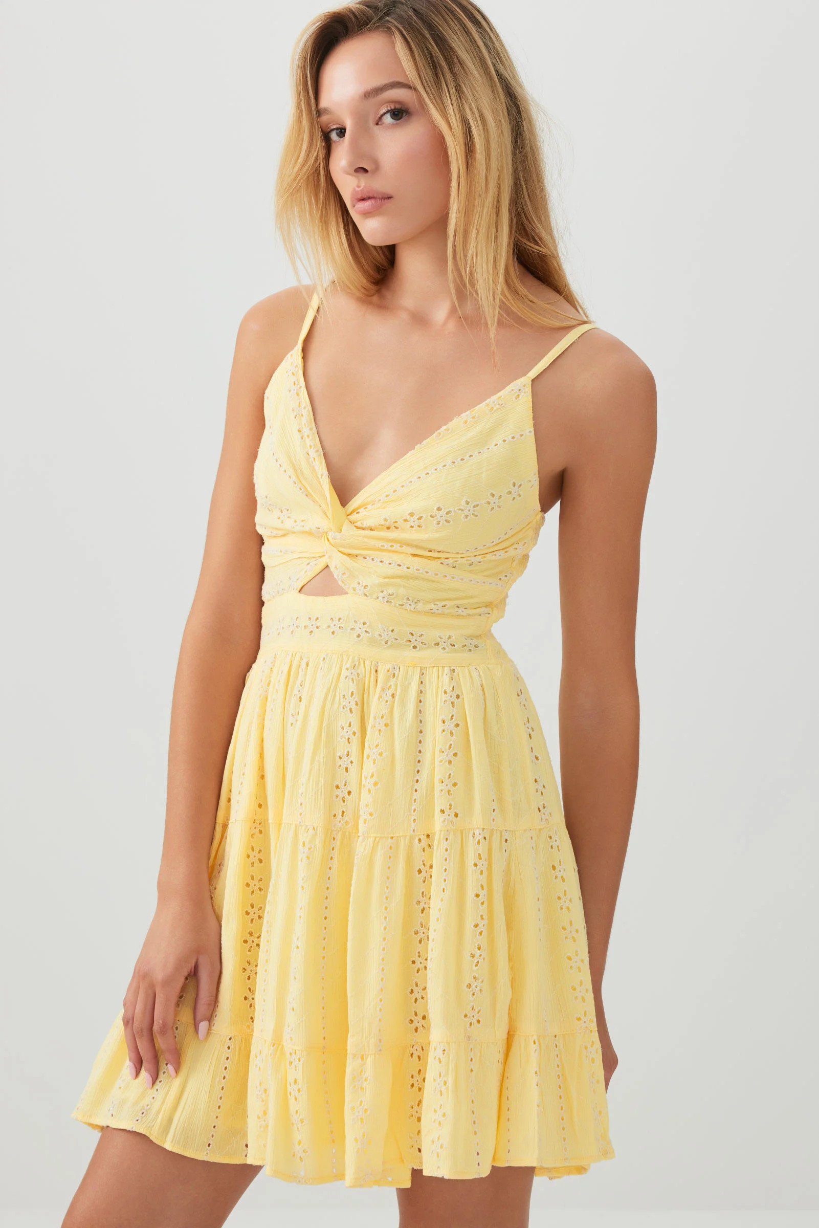 Eyelet Mini Dress with V Waist detail | Ardene