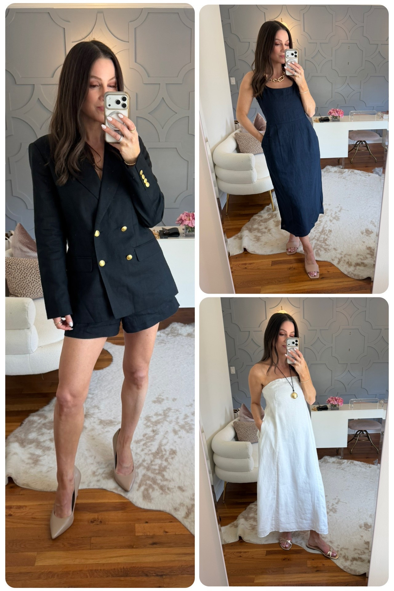 The chic-est linen pieces from Quince!
Blazer: true to size
Shorts (pictured with blazer): can size down one
Top Dress: true to size 
Bottom Dress: can size down if between sizes!

#quincepartner @Quince