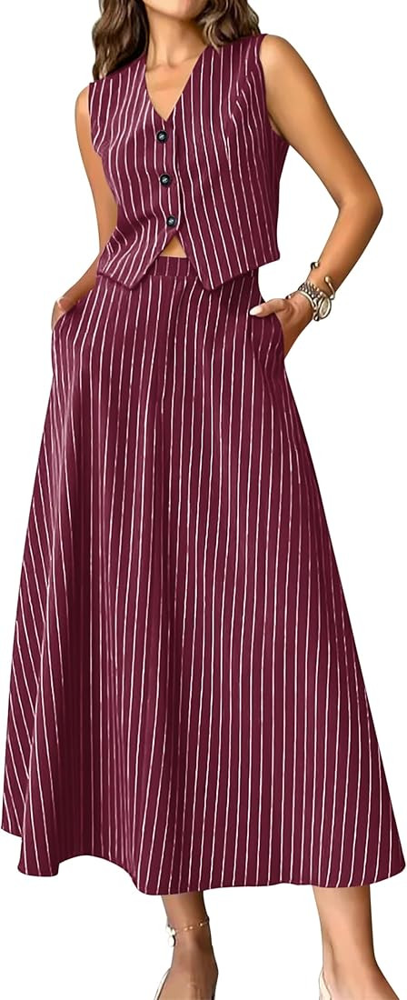 MASCOMODA Womens Fashion 2024 Spring Maxi Dress 2 Piece Outfits Blazer Crop Vest and Maxi Skirt S... | Amazon (US)