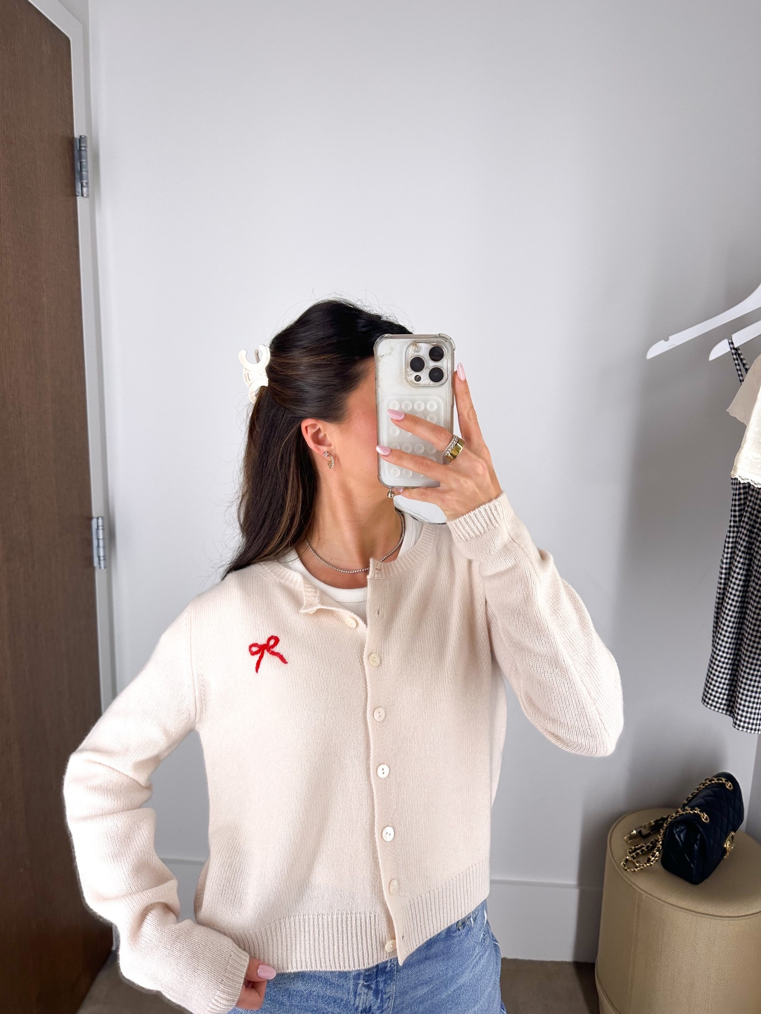 Fav reformation cardigan that stole my heart with this red bow🎀❣️