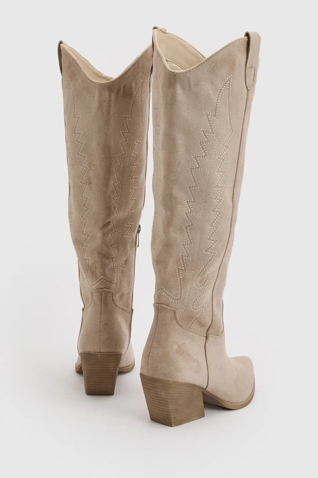 Taupe Faux Suede Embroidered Knee High Western Boots | Boohoo | Boohoo.com (UK & IE)