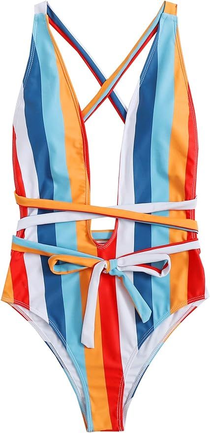 SweatyRocks Women's Sexy Basic Criss Cross Tie Knot Front Deep V Open Back One Piece Swimwear | Amazon (US)