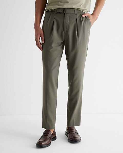 Extra Slim Olive Wool-Blend Modern Tech Belted Suit Pant | Express