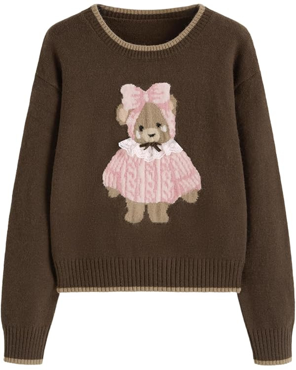 CIDER Women's Fall Sweaters Long Sleeve Cute Sweaters Bear Graphic Crewneck Soft Knit Casual Crop... | Amazon (US)