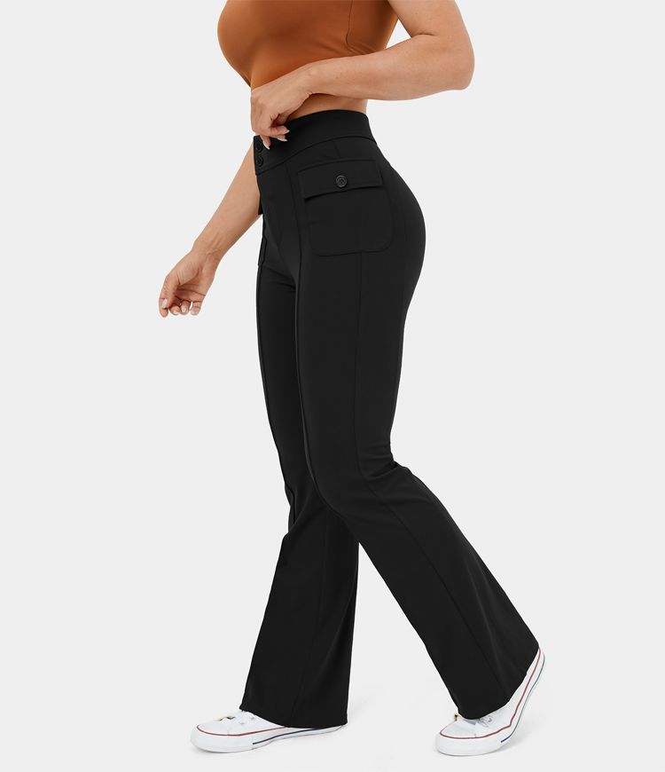 Women’s High Waisted Button Side Flap Pocket Flare Casual Cargo Pants - HALARA | HALARA