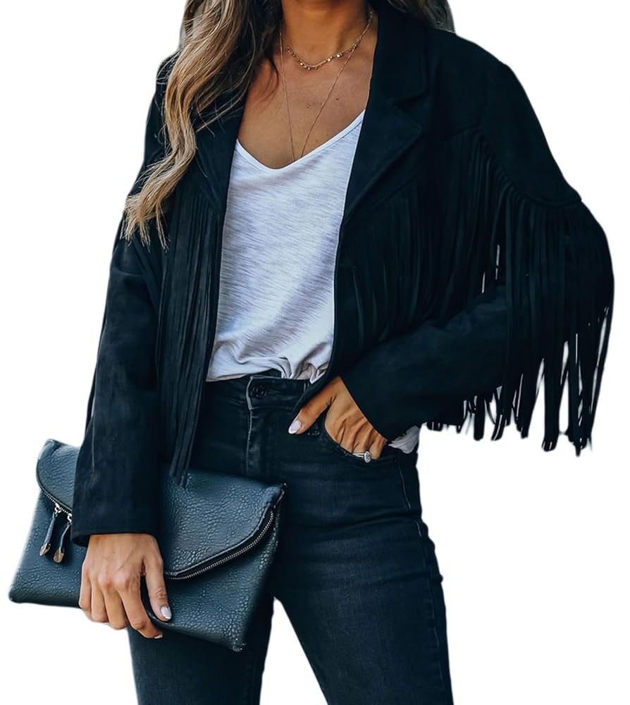 Faux Suede Leather Jackets For Women Trendy Fall Western Fringe Cropped Jacket 2025 Tassel Motorc... | Amazon (US)