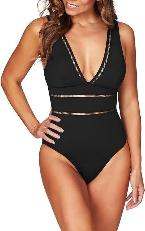 B2prity Women Monokini Tummy Control One Piece Swimsuit Deep V Neck Bathing Suit Slimming Swimwea... | Amazon (US)