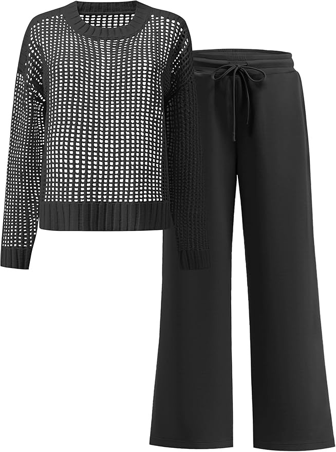 ANRABESS Womens 2 Piece Outfits Crochet Sheer Knit Sweater Top Wide Leg Pants Lounge Set Sweatsui... | Amazon (US)