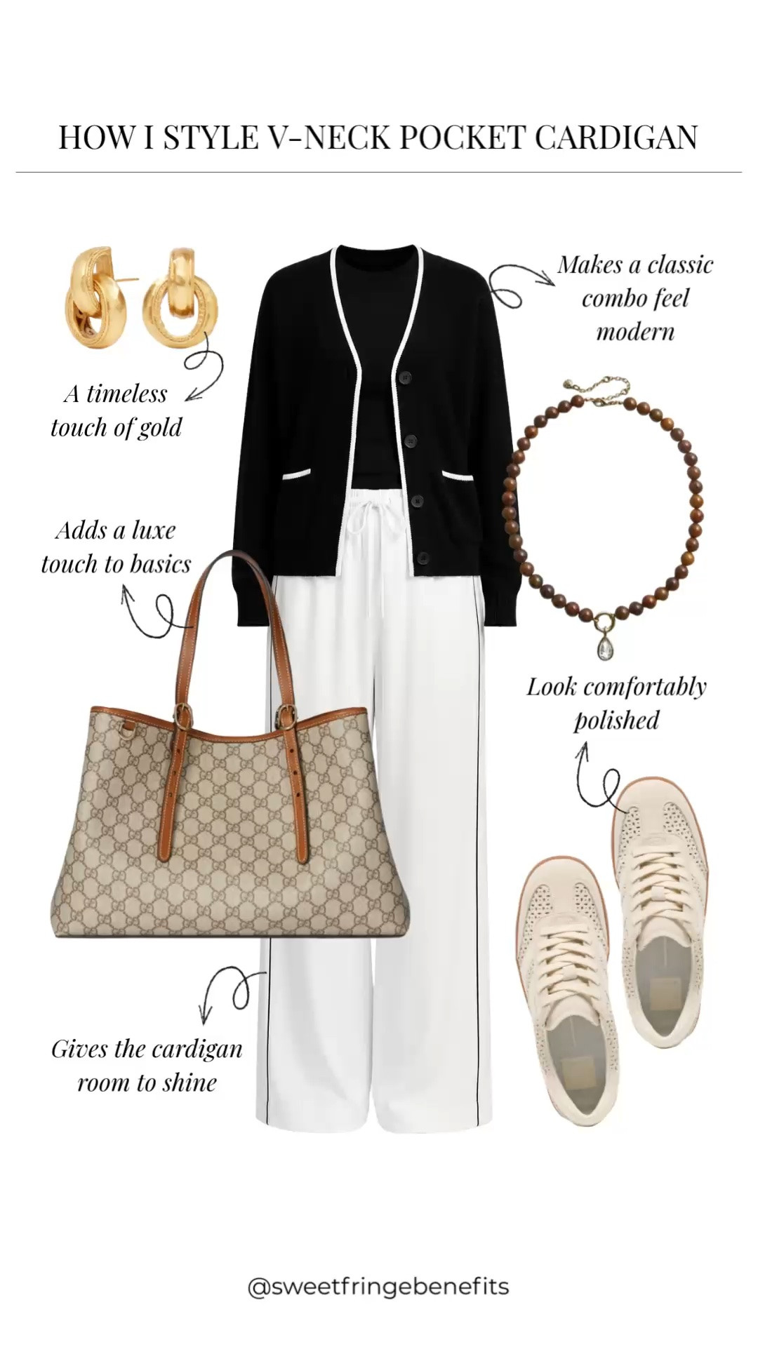 I like how this black-and-white combination feels classic without looking too predictable. The cardigan keeps the wide-leg pants and sneakers feeling relaxed, while the brown bag and gold jewelry add a little warmth.

#LTKootd #LTKOver40 #LTKTravel