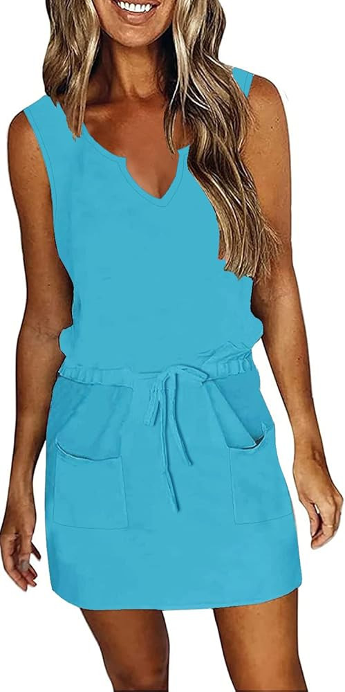 SAUKOLE Womens Sleeveless T Shirt Dresses 2024 Casual Cute Floral Print Short Dress Summer Fashio... | Amazon (US)