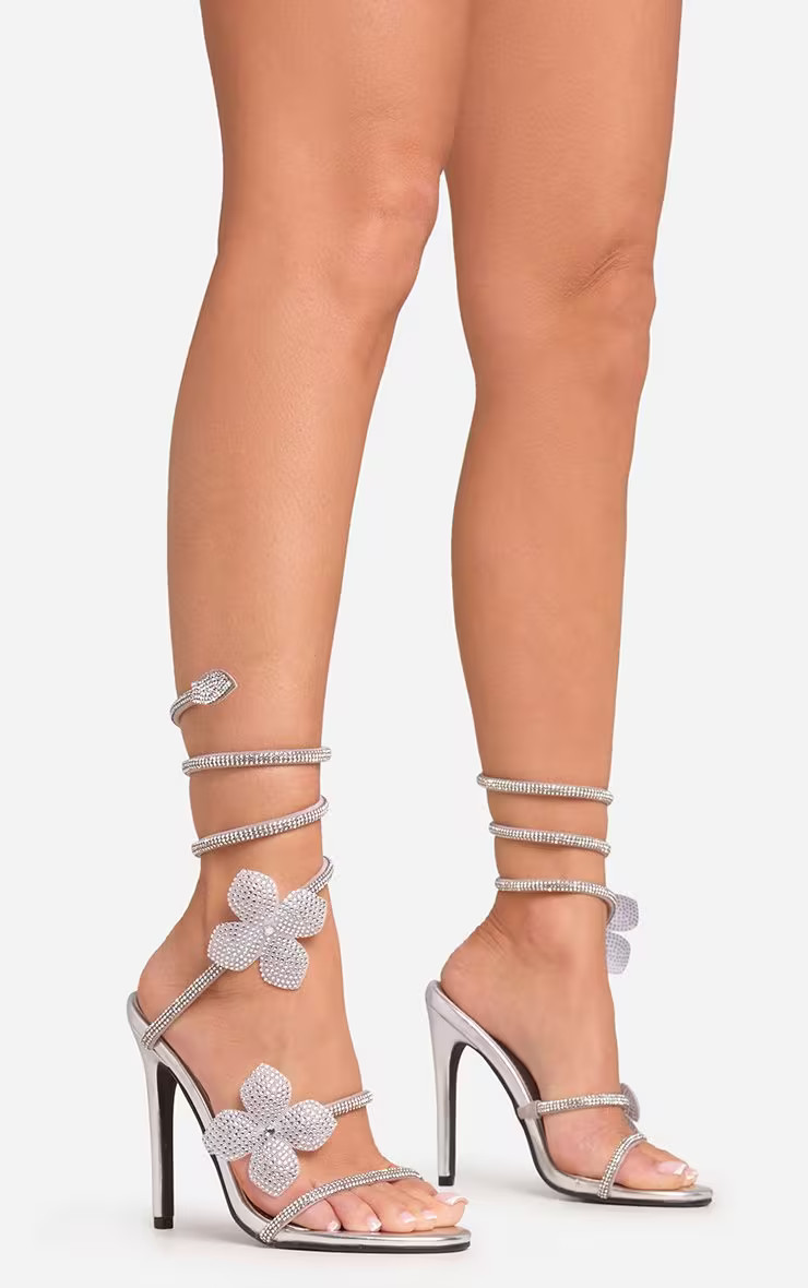 Spring-Bloom Diamante Flower Wrap Around Strap Stiletto Heel In Silver Faux Leather | EGO Shoes (US & Canada)