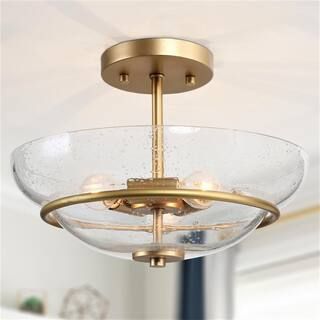 Uolfin Camila 3-Light Brass Gold Semi-Flush Mount Modern Ceiling Light with Seeded Glass Shade 62... | The Home Depot