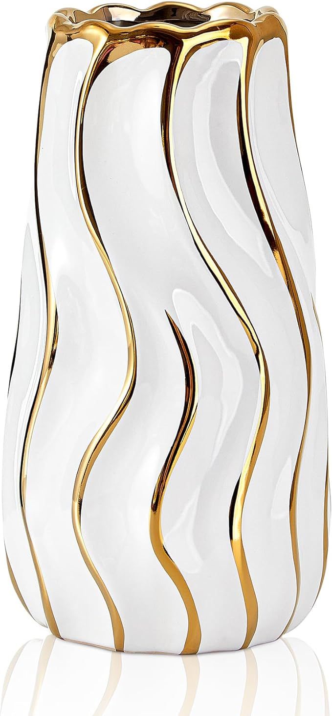 OTARTU Ceramic Vase, White Vase for Home Decor,Decorative Flower Vase, Vertical Stripe Ceramic Va... | Amazon (US)