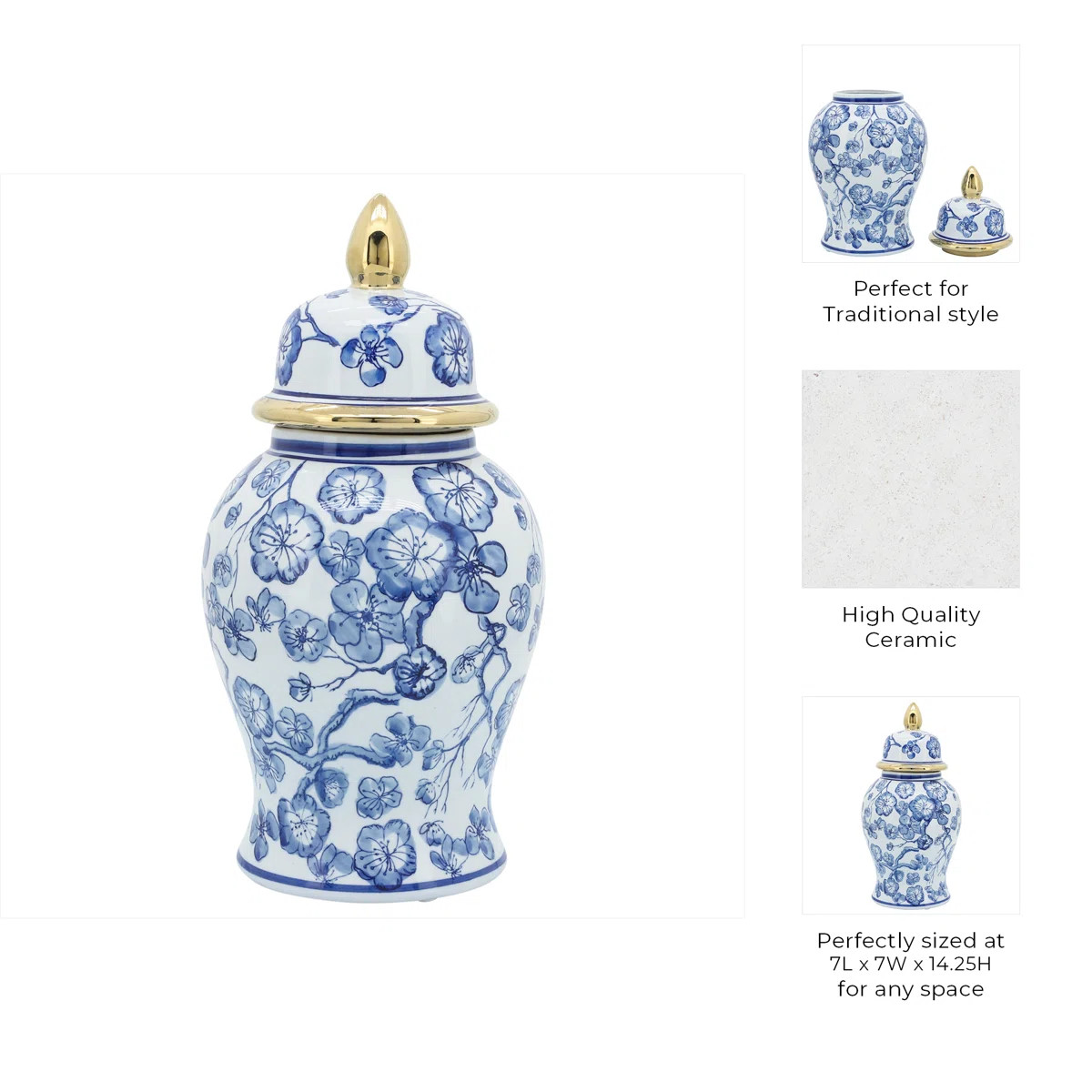 Nina 14" Ceramic Temple Jar with Lid Contemporary Vintage Style Blue and White Chinoiserie Floral... | Wayfair North America