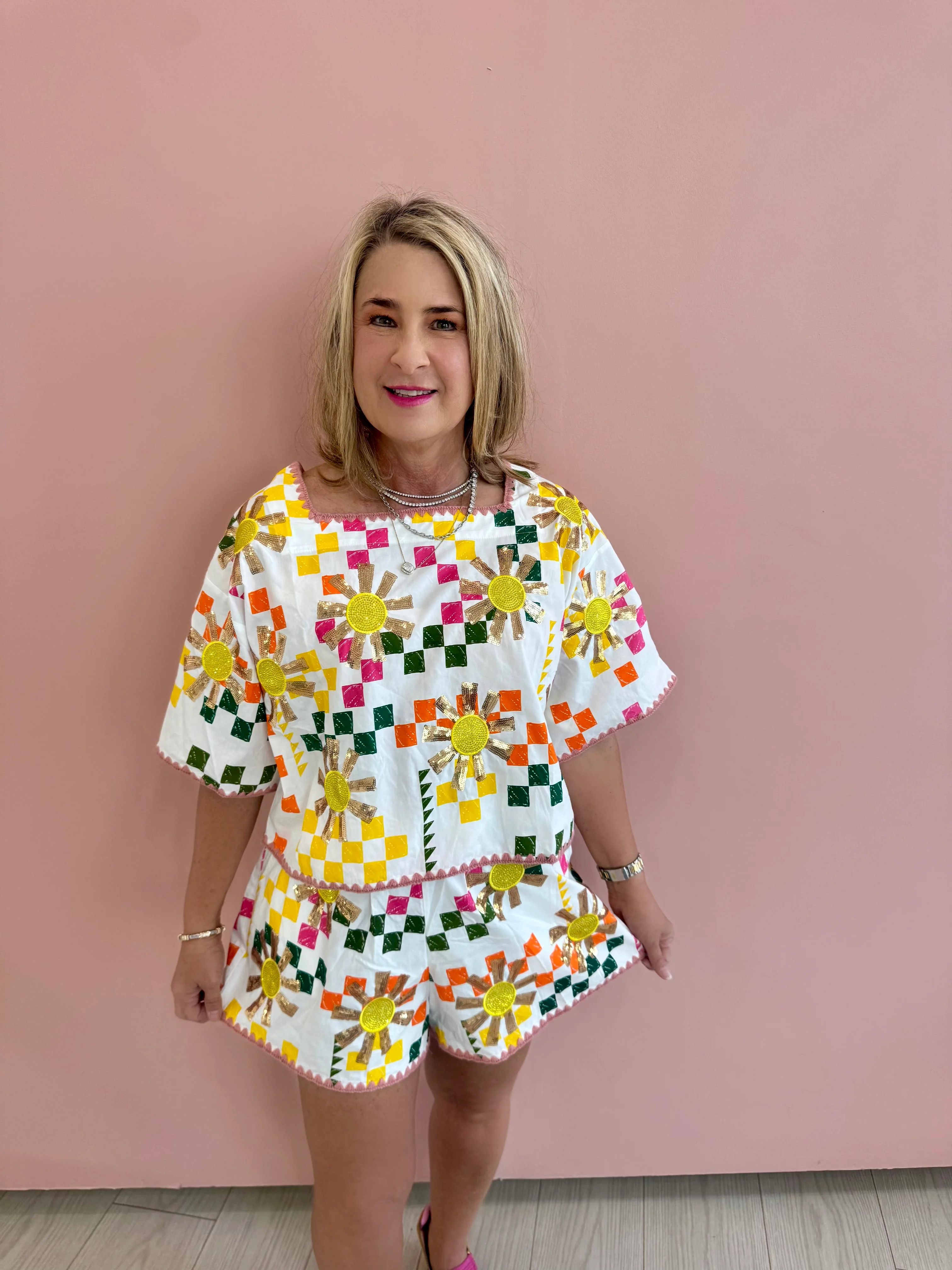 White Multi Checkered Sun Top- Queen Of Sparkles Medium | Extremely Refined Boutique