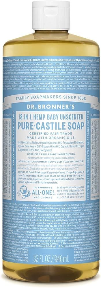 Dr. Bronner's - Pure-Castile Liquid Soap (Baby Unscented, 32 ounce, 2-Pack) - Made with Organic O... | Amazon (US)
