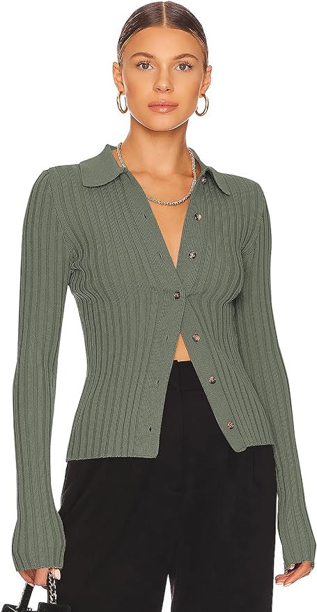 ZAFUL Women's V Neck Button Down Ribbed Sweater Cardigan Long Sleeve Polo Collar Slim Knitted Pul... | Amazon (US)