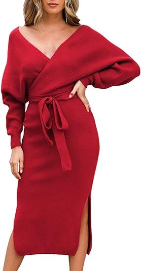 Selowin Women Sexy V Neck Backless Wrap Batwing Sleeve Slit Belted Sweater Dresses | Amazon (US)
