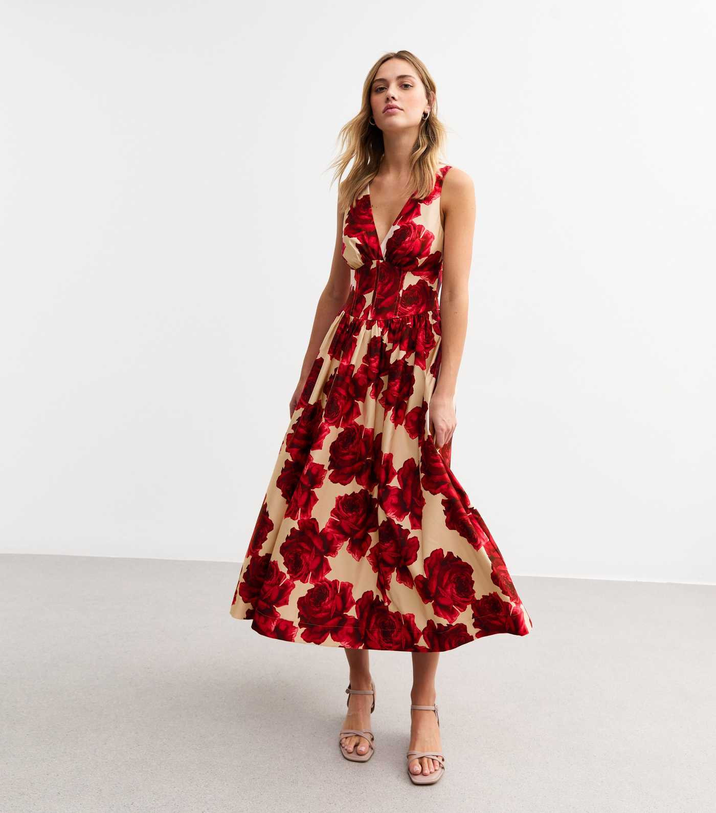 Light Pink Rose Print Corset Midi Dress | New Look | New Look (UK)
