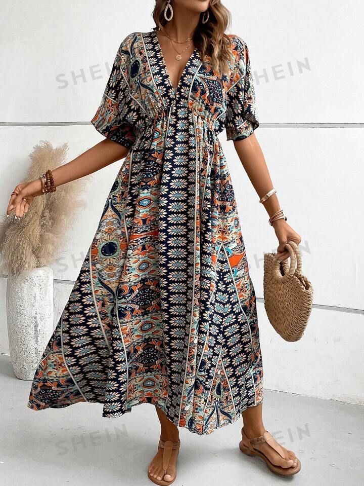 SHEIN VCAY Allover Print Batwing Sleeve Dress | SHEIN
