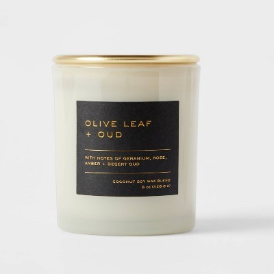 8oz Lidded Glass Jar Black Label Olive Leaf and Oud Candle - Threshold™: Soy & Coconut Wax Blend, 30hr Burn Time | Target