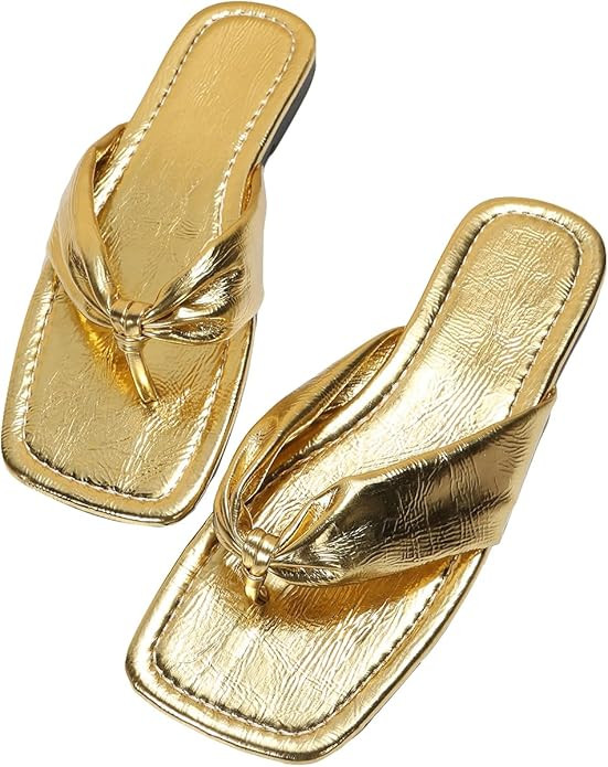 GORGLITTER Women's Flip Flops Flat Sandals Square Toe Ruched Strap Thong Sandals Summer Slip on S... | Amazon (US)